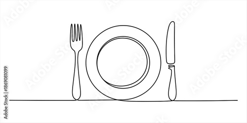 Abstract continuous line drawing of cutlery and plate for dining concept Vector, illustration