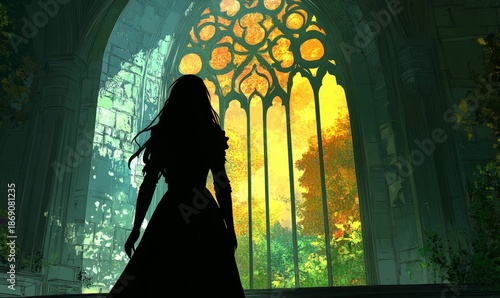 Girl, castle view and window drawing for fantasy, illustration, and hiding by mockup space. Female person, scared princess, and fear for throne or kingdom, creative and royal medieval, Generative AI