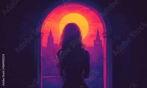 Girl, castle view and window drawing for fantasy, illustration, and hiding by mockup space. Female person, scared princess, and fear for throne or kingdom, creative and royal medieval, Generative AI