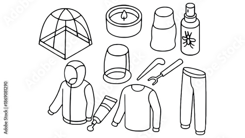 A colorful illustration of camping gear and equipment for outdoor adventures