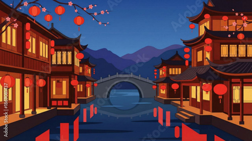 Landscape vector illustration : traditional chinese temple, pagoda, bridge, lanterns, night sky, water reflections - Chinese New Year festive, Lunar celebration, Beijing China travel, tourism