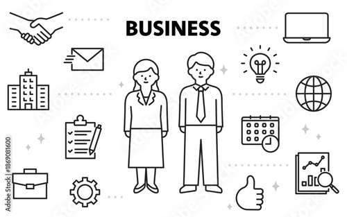 男女の会社員とビジネスに関するアイコンセット（線幅変更可能）