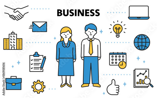 男女の会社員とビジネスに関するアイコンセット（線幅変更可能・カラー）