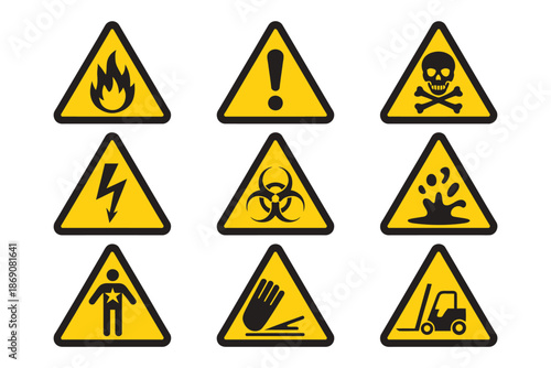 Safety hazard warning signs vector icons showing flat yellow triangle symbols for flammable, toxic, biohazard, high voltage, corrosive, health, and slippery floor hazards.