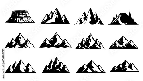 Mountain silhouette. Black outline minimal mountains shape for banner border and scenic backdrop. Isolated vector set, transparent background SVG version.