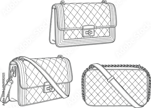 Line Art Vector Illustration of Quilted Luxury Handbags Set Featuring Classic Crossbody Shoulder Bags with Chain Straps for Fashion Design