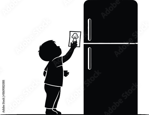 Silhouette of a small child putting a drawing or picture on a refrigerator door.