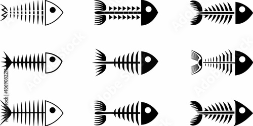 Simple black and white illustrations depicting various fish skeletons in a pattern