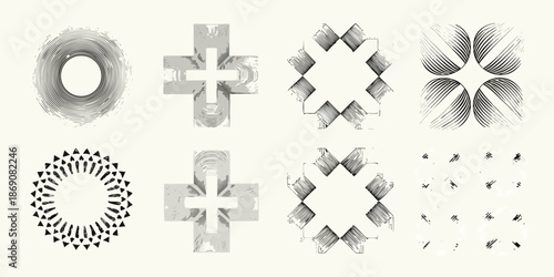 Abstract geometric patterns in grayscale circles crosses diamonds and scattered lines