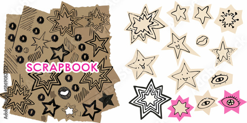 Hand drawn stars and scrapbook paper with a playful artistic design