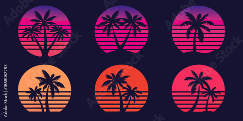 Vaporwave palm trees against retro gradient backgrounds in a repeating pattern