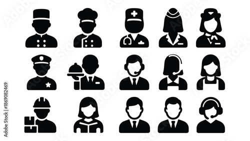 A diverse group of professional people icons in black and white