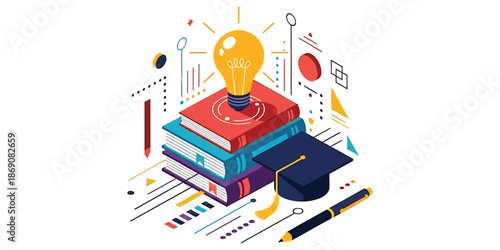 Education Concept Lightbulb on Books with Graduation Cap - Knowledge, Learning, and Idea