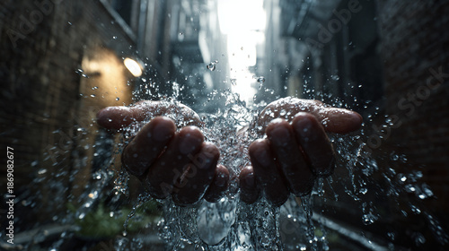 A person cupping their hands as water splashes out, capturing a moment of serenity amidst urban life
