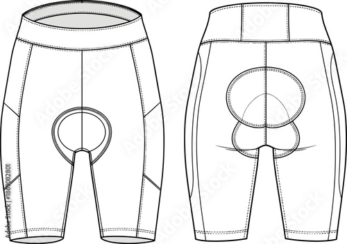 Technical flat vector illustration of women's cycling shorts featuring a padded chamois seat liner side pockets and high waisted compression waistband