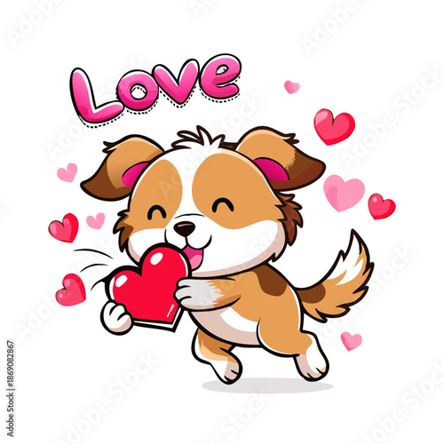 A cute cartoon puppy with brown and white fur, running happily and carrying a love letter in its mouth, surrounded by floating pink and red hearts.