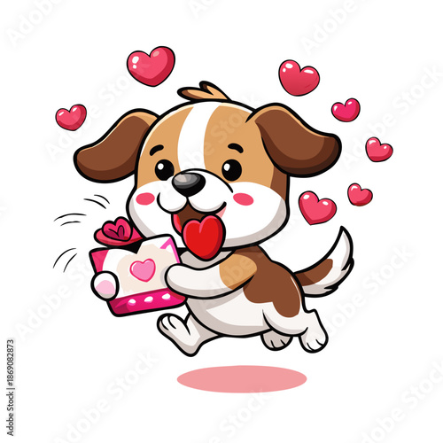 A cute cartoon puppy with brown and white fur, running happily and carrying a love letter in its mouth, surrounded by floating pink and red hearts.