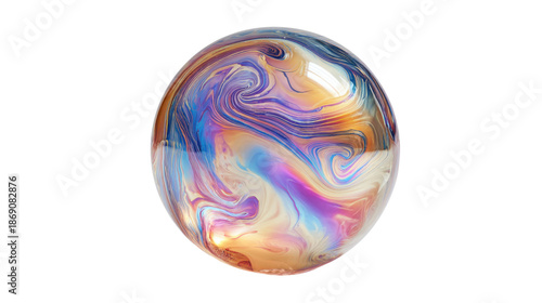 Iridescent soap bubble sphere with swirling colors and abstract patterns, reflecting light on a transparent background