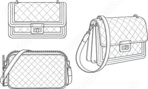 Quilted leather handbag technical fashion sketch set with crossbody strap and chain detail for luxury accessory design and manufacturing mockup