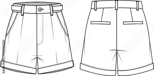 Technical Vector Illustration of Men's Tailored Chino Shorts Front and Back View White Fashion Flat Sketch Template for Apparel Design