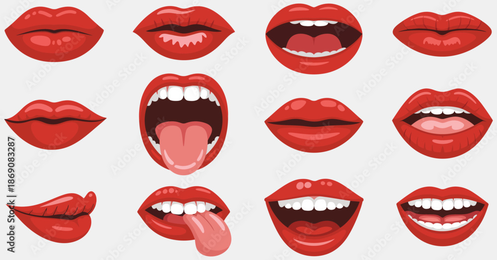 Obraz premium Red lips vector design with sexy woman’s lips showing different emotions, such as kiss, smile, biting, licking, half-open mouth, and playful tongue.
