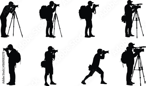 Photographer silhouettes set, professional camera poses collection, photography concept illustration, isolated black human figures on white background