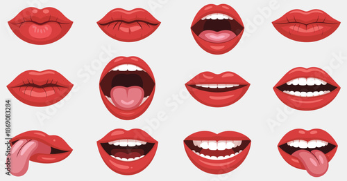 Red lips vector design with sexy woman’s lips showing different emotions, such as kiss, smile, biting, licking, half-open mouth, and playful tongue.