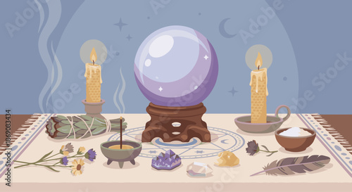 Crystal Ball Ritual Setup
A flat vector illustration showing a ritual setup with a crystal ball, candles, incense, and crystals arranged neatly. Calm, intentional composition. 