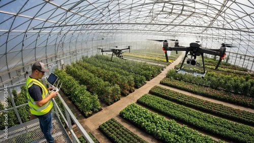 Wallpaper Mural Farmer controlling drones in a high-tech greenhouse for precision agriculture. Torontodigital.ca