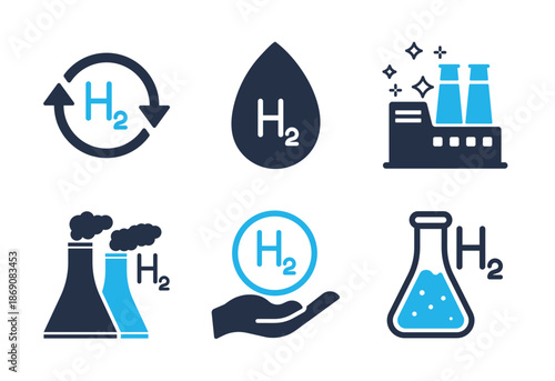 Hydrogen Production and Cycle icon set. Solid glyph series icons