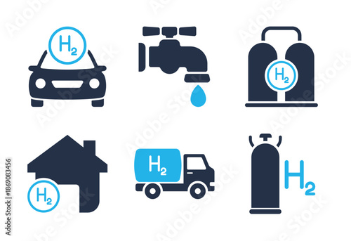 Hydrogen Fuel Application and Distribution icon set. Solid glyph series icons