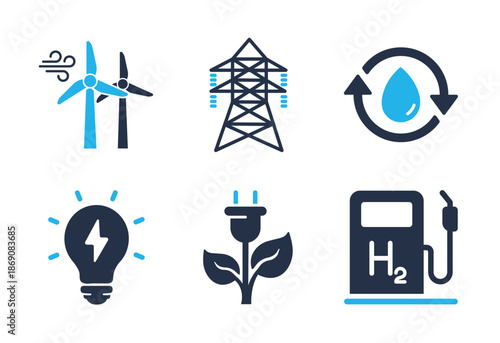 Green Energy and Electrical Infrastructure icon set. Solid glyph series icons