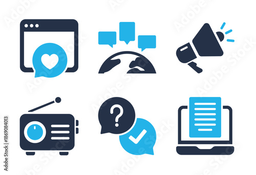 Digital Communication and Media Interaction icon set. Solid glyph series icons