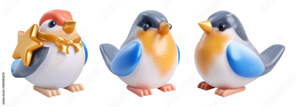 Fototapeta premium Colorful Stylized Birds for Parade Decoration, Soft Plastic Mascots with Cheerful Faces