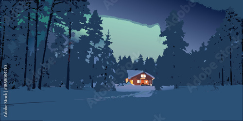 A cozy cabin glows warmly amidst a snowy forest under a twilight sky