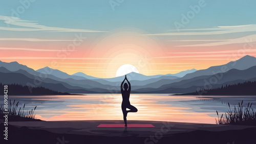 A serene silhouette of a woman practicing yoga on a red mat by a tranquil lake at sunset with majestic mountains in the background with peaceful and nature with calm