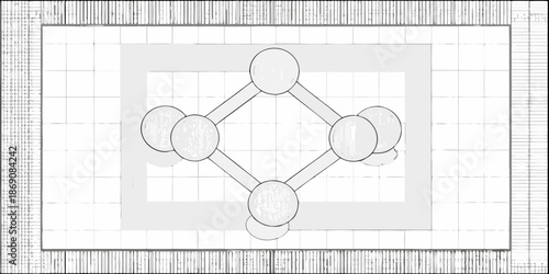 Abstract geometric design featuring interconnected circles within nested square frames