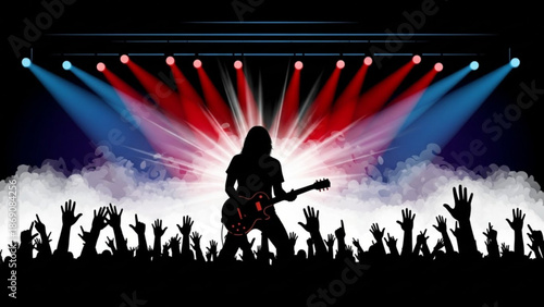 Silhouette of a guitarist performing on stage with a cheering crowd under colorful spotlights and fog with concert and live music and performance with entertainment
