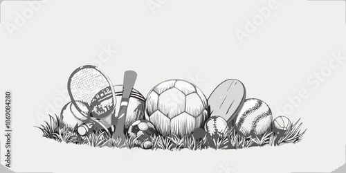 A collection of various sports equipment arranged together in a grayscale style