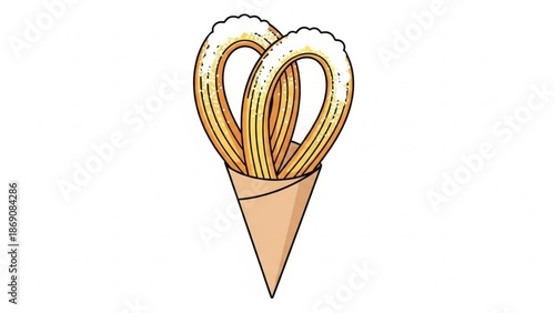 A detailed illustration of two pretzels shaped like a heart in a brown paper cone on a white background for love food concepts with cartoon and vector with icon