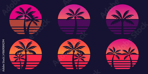 Retro tropical palm tree silhouettes with vibrant sunset gradient backgrounds
