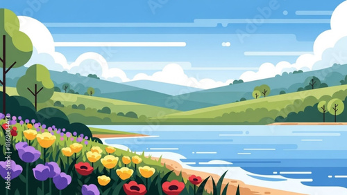 A serene landscape with a tranquil lake surrounded by vibrant colorful flowers and lush green hills under a blue sky with fluffy white clouds on a sunny day with calm
