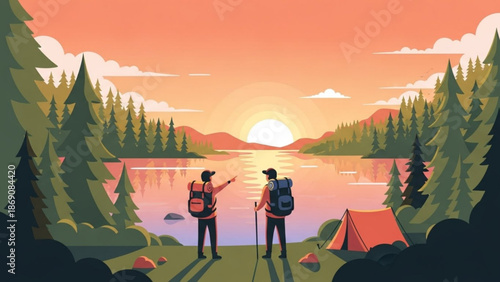 Two hikers with backpacks standing by serene lake at sunset with tent and trees with camping and hiking and adventure and travel and nature and outdoor with peaceful