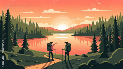 Two hikers with backpacks standing on a trail overlooking a serene lake at sunset surrounded by evergreen trees and mountains in the distance with a vibrant with view