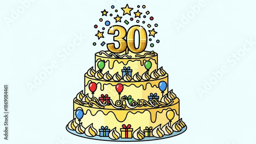 Thirty birthday celebration cake with ornaments and gifts illustration with birthday cake and 30th birthday and cartoon cake and party decoration and cake
