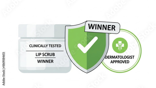 Clinically tested lip scrub winner with dermatologist approved badge and green shield icon on white background with cosmetic product and skincare and beauty