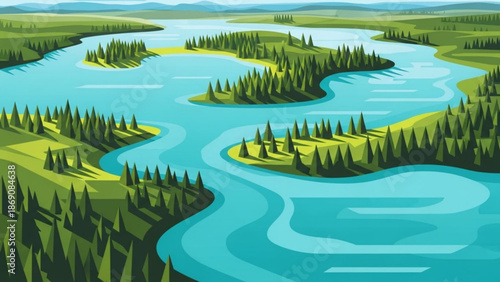 A serene winding river with numerous islands covered in lush green trees flows gently through a peaceful landscape under a partly cloudy sky with serene with waterway