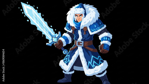 Cartoon warrior with icy sword and fur trimmed coat standing on black background with furious expression with fantasy and game and animation and comic with graphic
