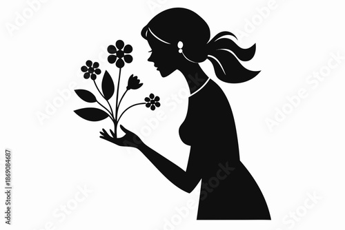 Woman with Flowers Silhouette Vector Design, Fresh Springtime Hello Spring Concept Isolated on White Background