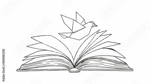 An open book with a dove emerging from its pages, symbolizing peace and knowledge